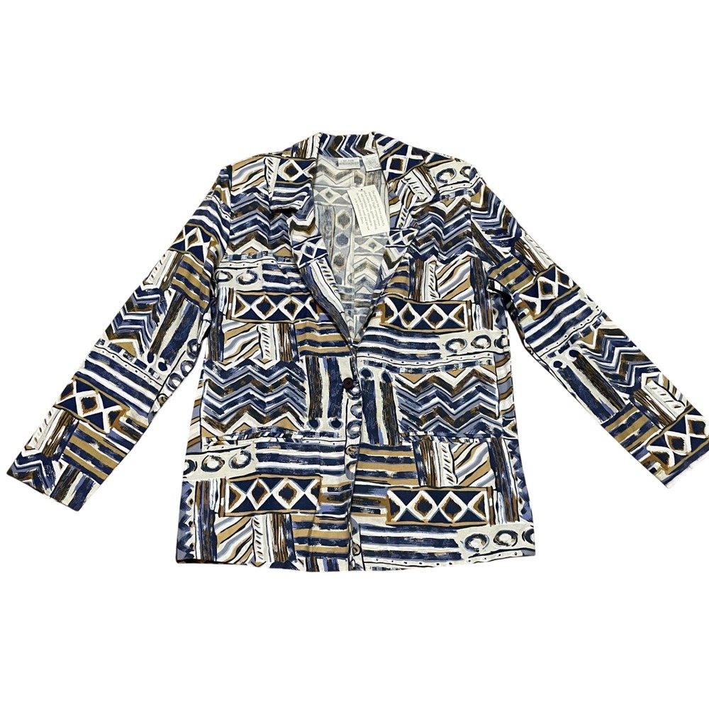 VTG Blair Boutique Womens SML Blue Tan Abstract Geometric Flax Blend Blazer NWOT